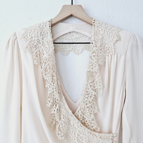 Vintage J.Harris 80s Wrap Lace Chiffon Pearls Romantic Long Sleeve Midi Dress - Picture 6 of 16